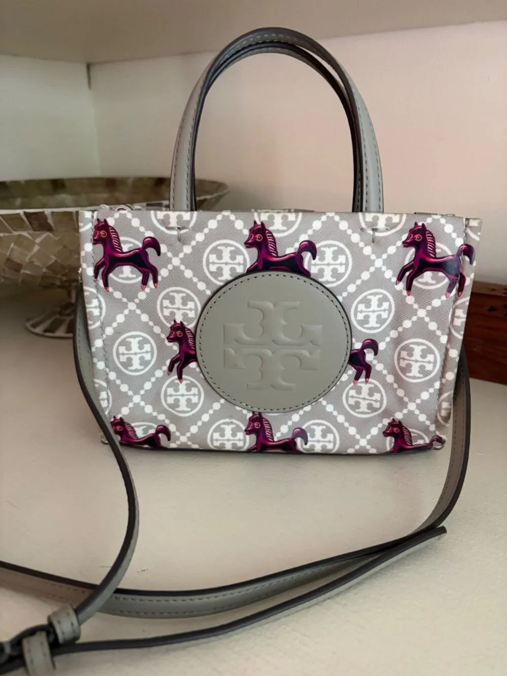 Tory Burch Mini Ella Horse Tote Crossbody Gray & Magenta
